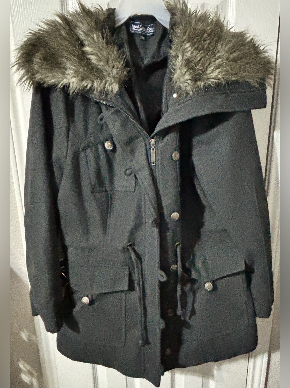 Lane Crawford Women’s Gray Hooded Fur Trim Mid-Length Parka Coat Size L